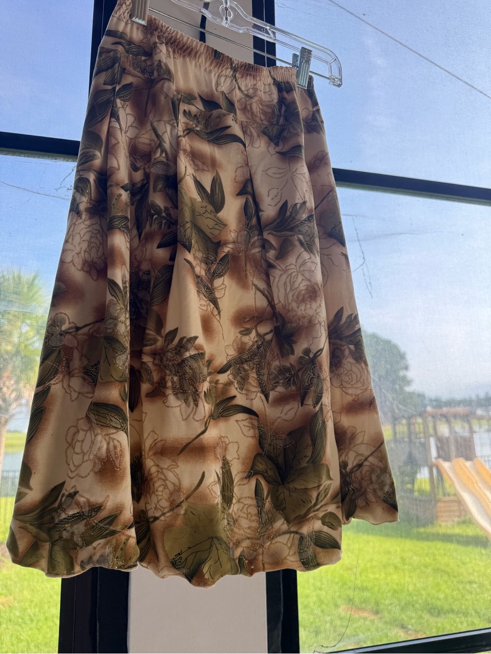Floral A-Line Midi Skirt in Beige and Olive fairy whimsy skirt